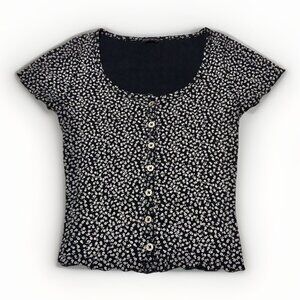 BRANDY MELVILLE Ribbed Knit Top OS Ruffle Edge Blue Ditzy Floral Cottagecore